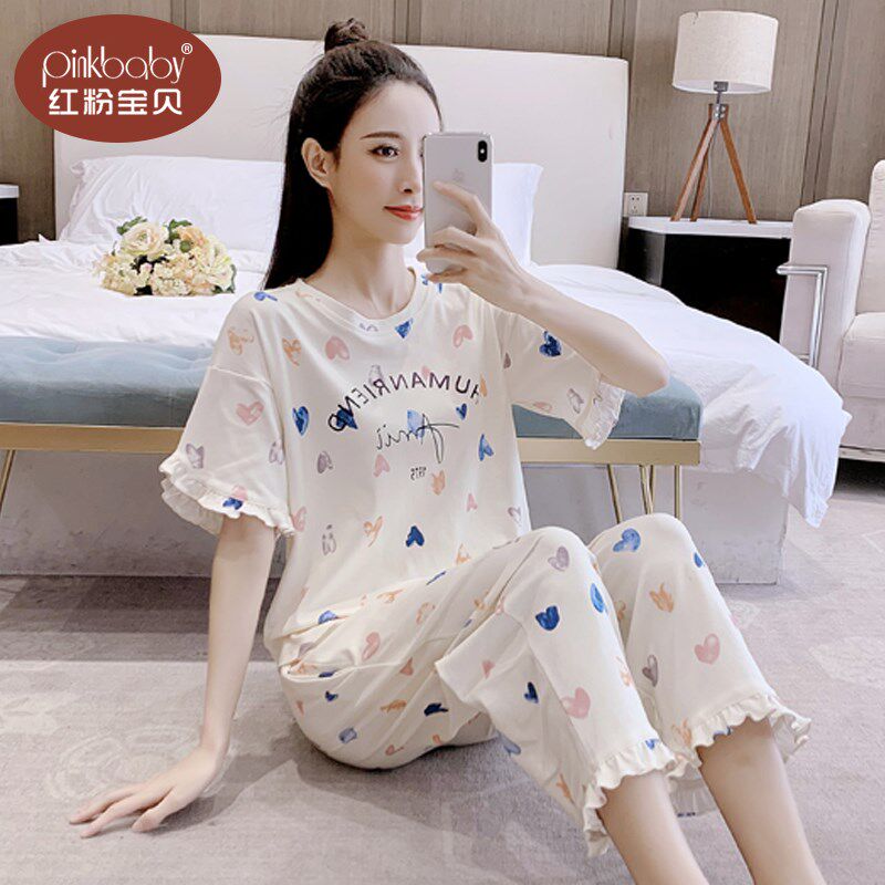 夏天睡衣女款夏季纯棉宽松薄款可爱外穿短袖七分裤全棉家居服套装