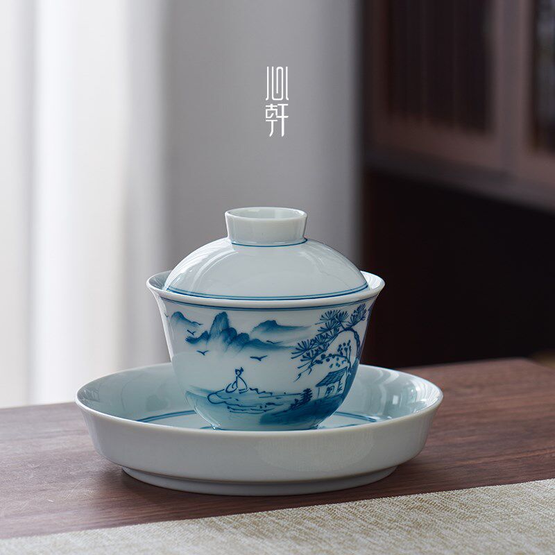 手绘山水盖碗茶杯陶瓷功夫茶具大小号青花瓷三才泡茶碗单个泡茶器