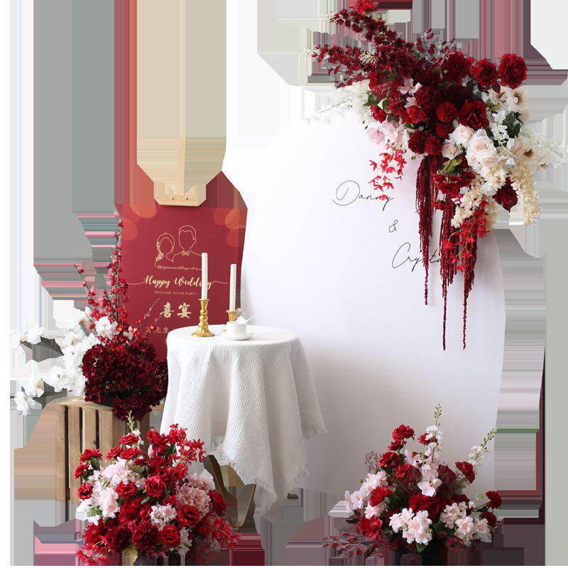 喜庆红花艺婚礼迎宾区场景布置花卉开业庆典舞台花堆桌花壁挂花排