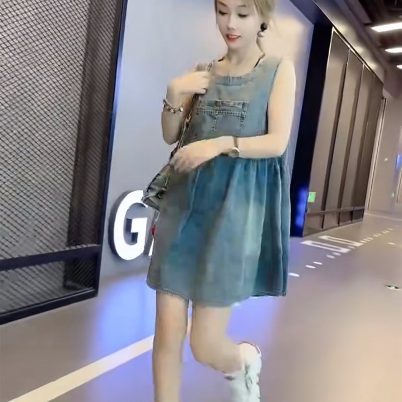减龄背带牛仔裙夏薄款无袖新款圆领宽松小个子连衣裙娃娃裙蝴蝶结
