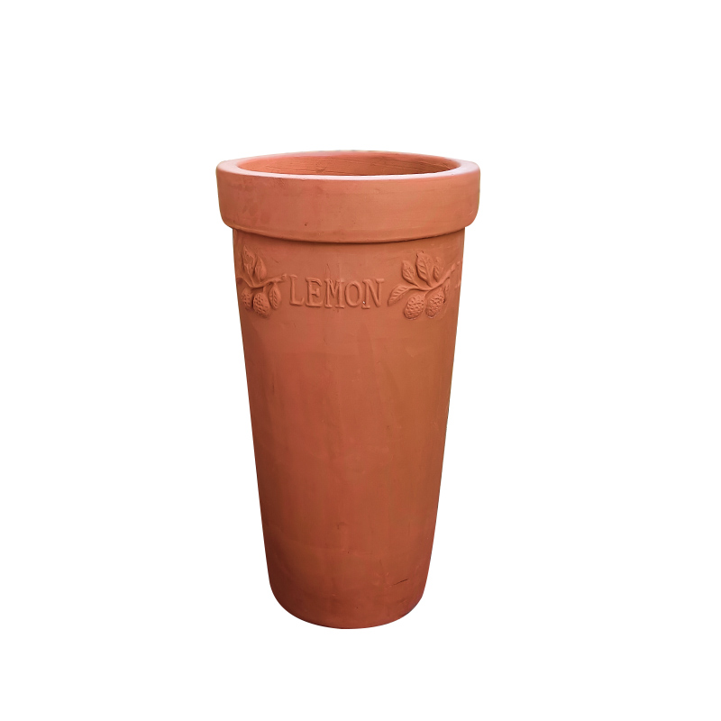 包邮红陶庭院粗陶大号花盆透气阳台室外瘦高花卉花园柠檬浮雕椭圆