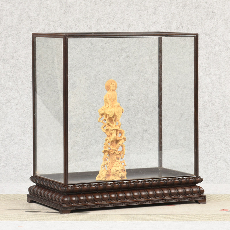 黑檀木莲花玻璃罩展示盒佛像观音工艺品透明防尘罩子摆件宝笼底座