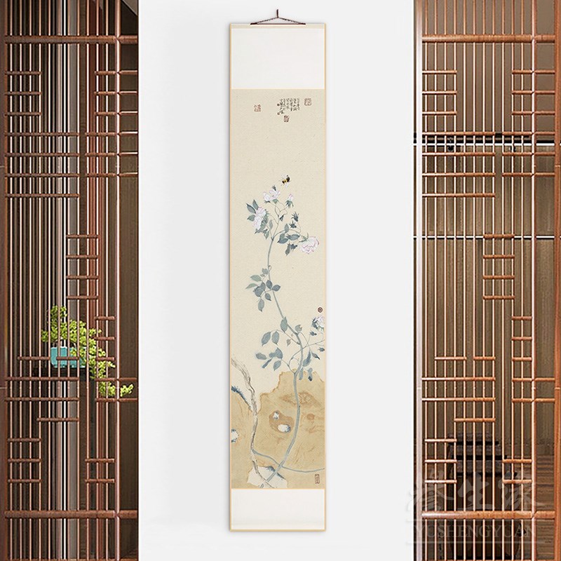 新中式花鸟卷轴挂画竖版玄关走廊过道装饰画客餐厅壁画书房长条画