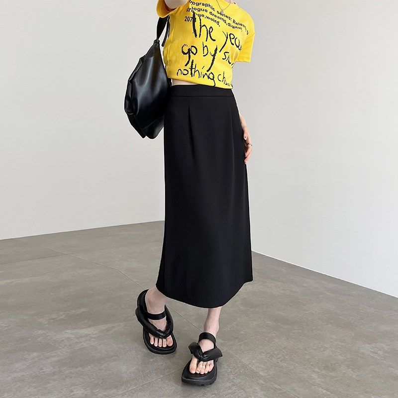 黑色西装半身裙女2024新款夏季大码胖mm高腰显瘦遮肚开叉a字长裙