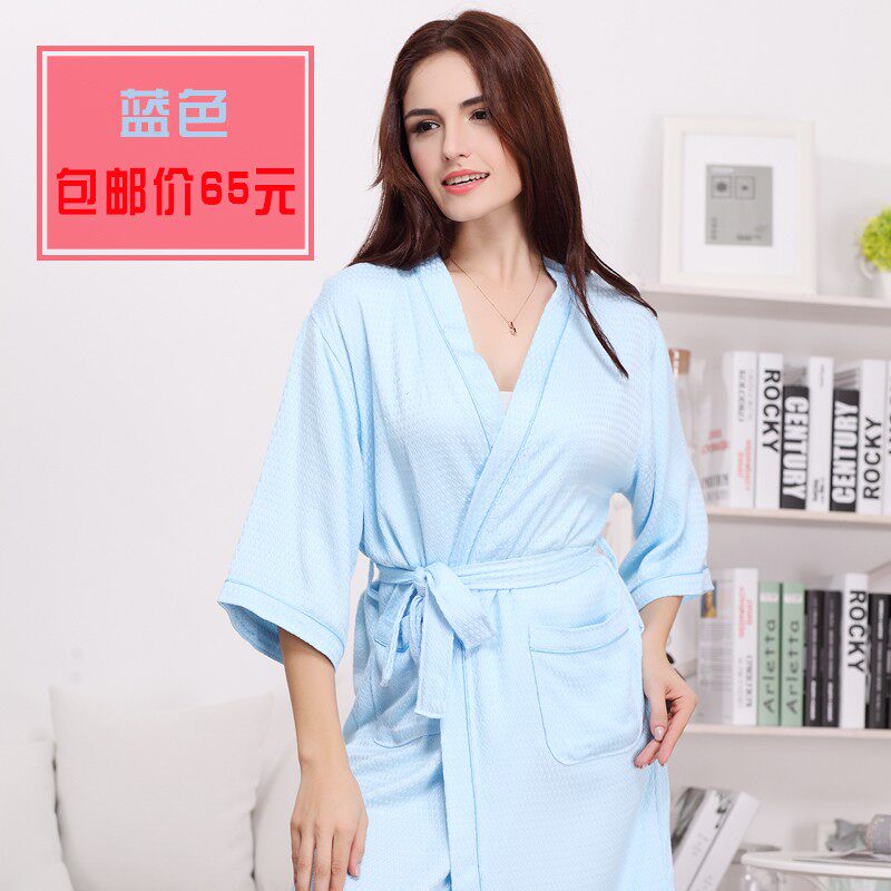 竹桨纤维超柔软春夏秋薄款男女短袖性感浴袍浴巾和服领七分袖菱形