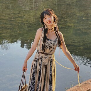 旅行穿搭纯手工钩织长流苏吊带波西米亚背心搭配连衣裙子 2023夏季