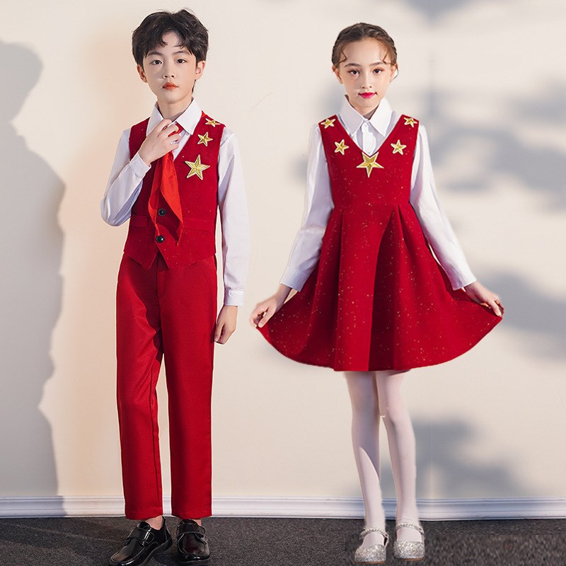 国庆儿童节红色爱国朗诵合唱演出服中小学生女童演讲比赛礼服装潮