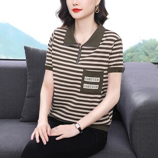中老年女装妈妈夏装纯棉POLO衫女有领短袖t恤条纹上衣服翻领小衫