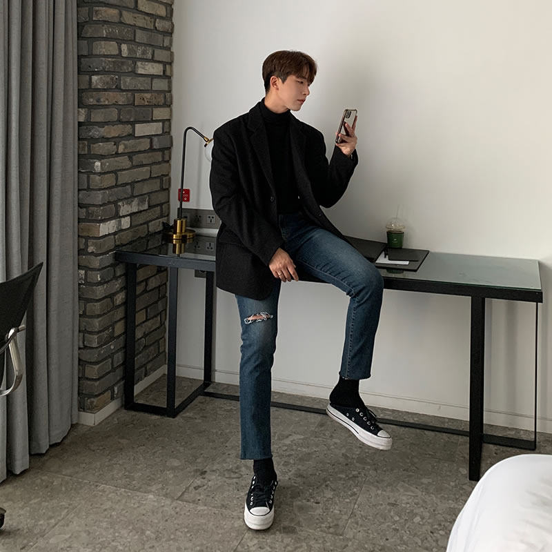 春秋款毛呢西装外套男高级感羊毛大衣短款宽松休闲秋冬季呢子西服