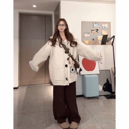 韩国东大门慵懒风连帽针织开衫女秋冬季新款韩系宽松软糯毛衣外套