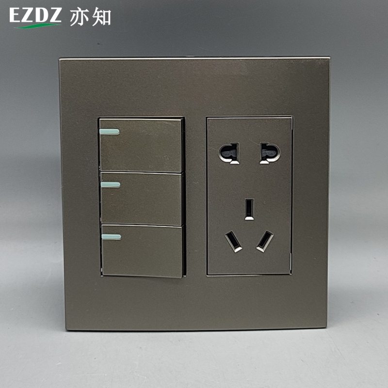 深灰色120型三开单控开关小子3位双联双控3开面板大五孔双联子
