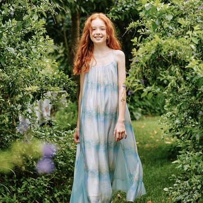 mpeng女童夏季新款油画感薄荷曼波拼接网纱吊带连衣裙