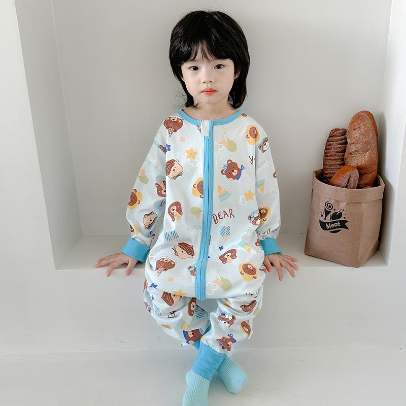 儿童睡衣连体睡袋春秋冬款纯棉男童连身家居服女宝宝防踢睡袍a类