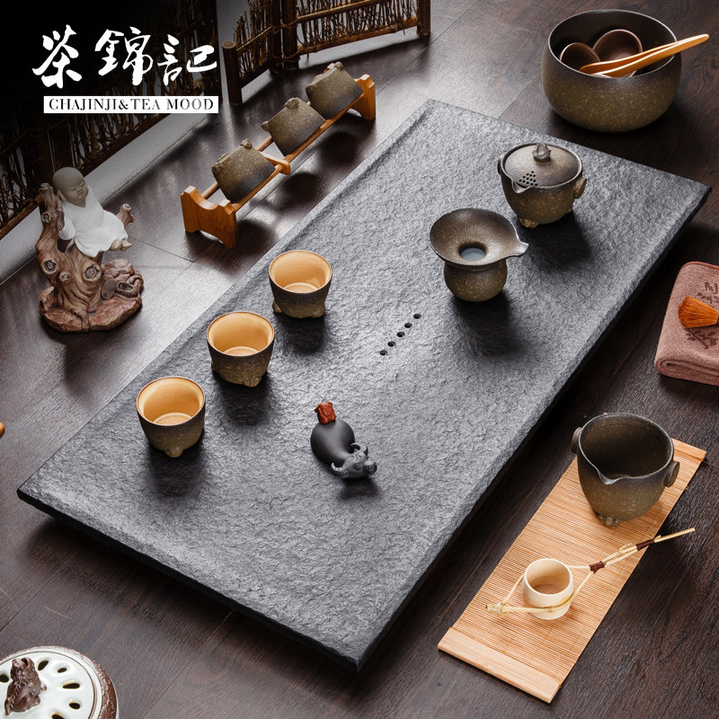 茶锦记乌金石茶盘功夫茶具盘套装石头茶海黑金石简约大号家用茶托