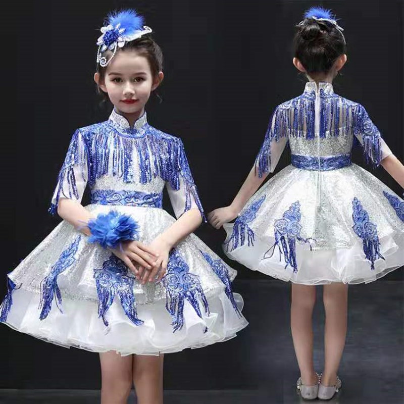 儿童礼服花童婚纱裙小女孩洋气时尚中袖蓬蓬纱主持演出生日晚礼服