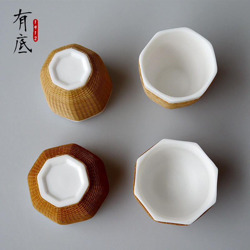 非遗手工瓷胎竹编特色茶杯竹丝扣瓷礼品茶具套装礼盒主人品茗杯