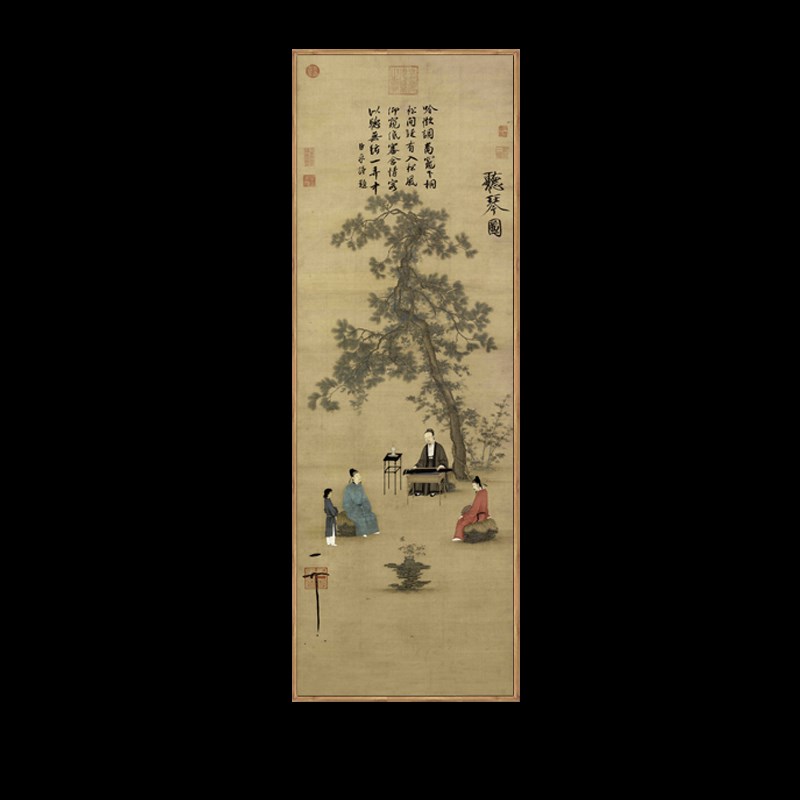 新中式装饰画复古名画宋徽宗听琴图客厅书房沙发背景墙竖幅挂画