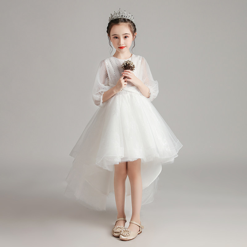 儿童白色礼服公主裙女童蓬蓬纱生日小女孩花童婚礼钢琴演出服长袖