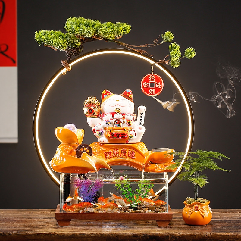 创意招财猫流水摆件循环水办公室桌面鱼缸造景装饰品乔迁开业礼物