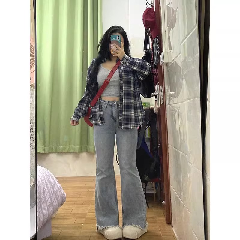 大尺码胖mm微喇牛仔裤女秋季梨型身材宽松百搭显瘦弹力毛边阔腿裤