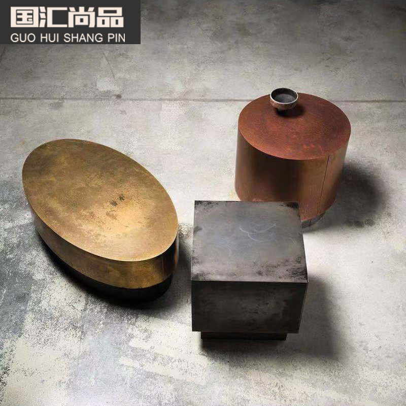 意式轻奢客厅组合茶几金属复古做旧工业风椭圆几方几圆几床头柜几
