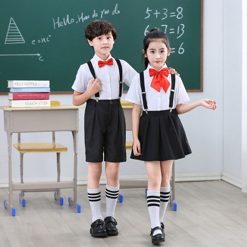 夏季儿童大合唱演出礼服男童白衬衫黑色背带裤幼儿园毕业照西装