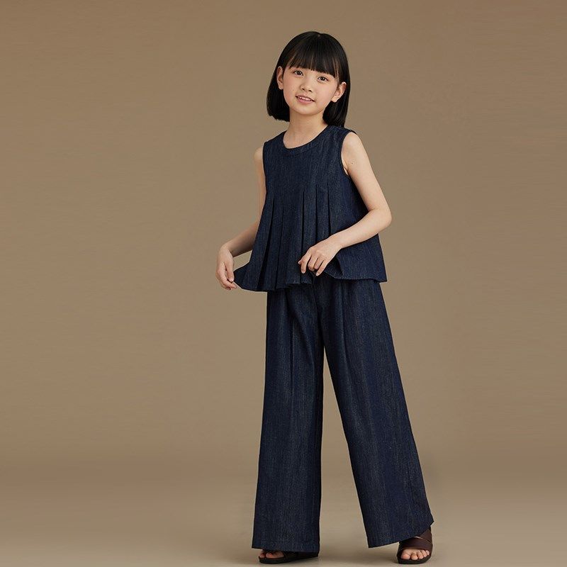 女童牛仔套装夏装新款2024儿童直筒复古窄版阔腿裤无袖背心两件套