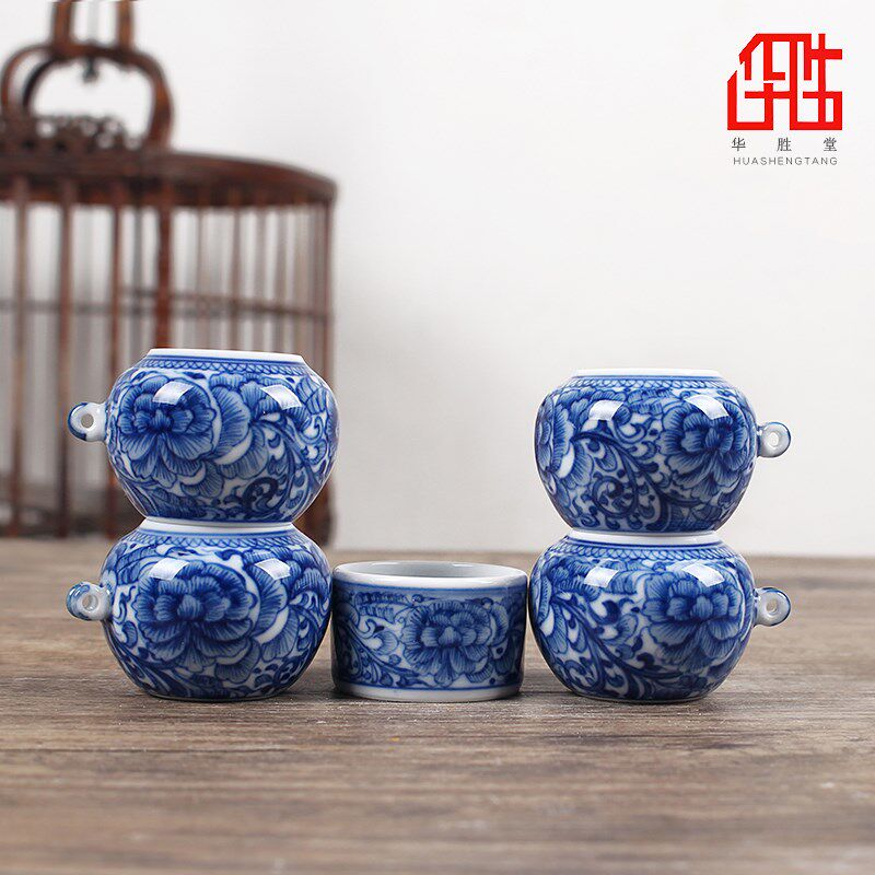 华胜堂 景德镇手绘青花缠枝牡丹红子罐鸟食罐小鸟杯水罐 鸟笼配件