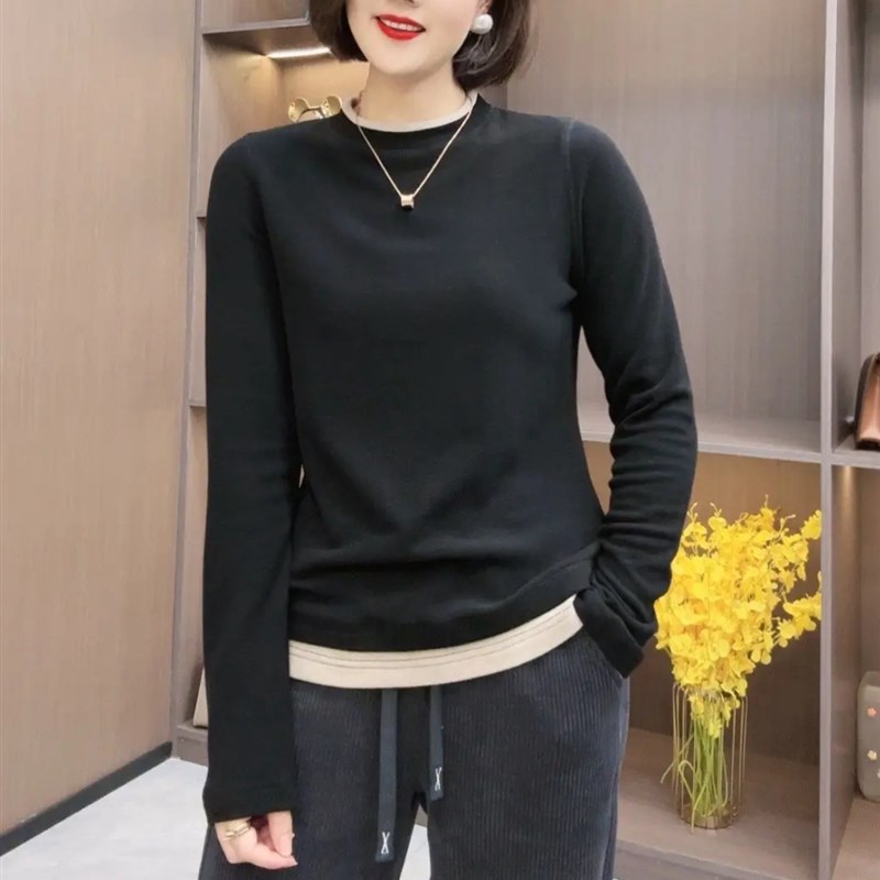 加厚保暖双面德绒上衣打底衫女2024冬新款修身百搭假两件拼色卫衣