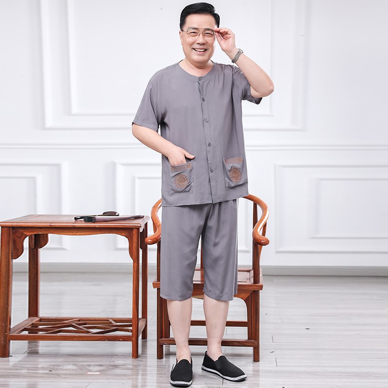 老爷爷开衫棉绸短袖套装60岁70男装夏季睡衣老年人爸爸休闲薄唐装
