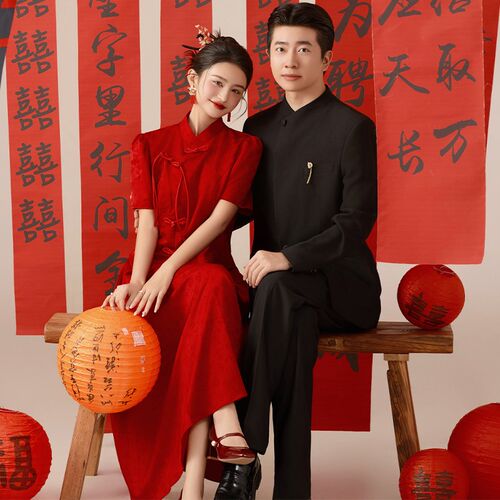 新中式旗袍2024新款高级感订婚出阁宴礼服酒红色气质新娘敬酒服裙