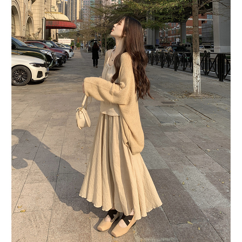 大码女装甜美温柔风长袖开衫吊带背心三件套装显瘦半身裙长裙
