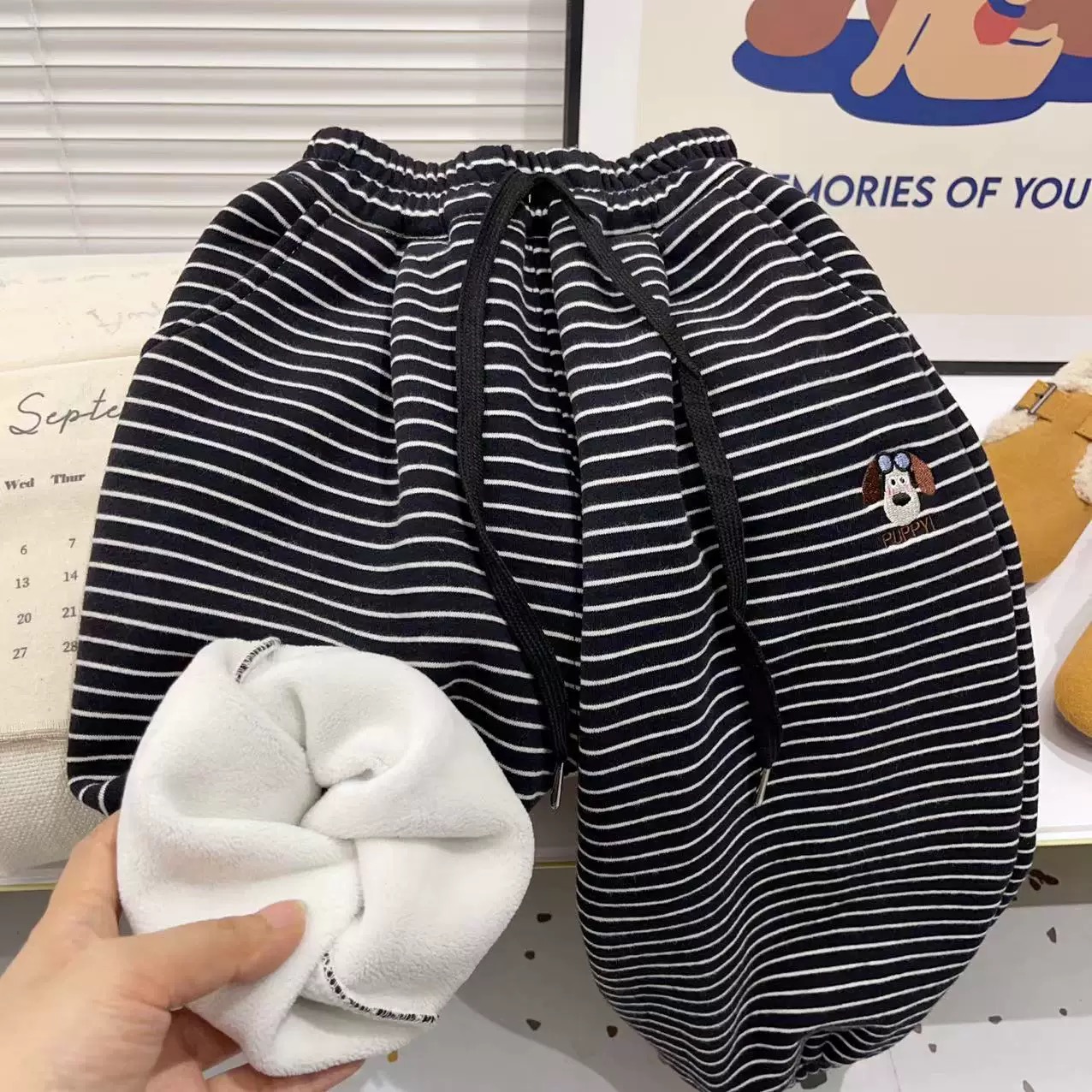 男女童加绒裤子秋冬季条纹休闲裤