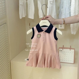 女童夏季连衣裙2024新款洋气甜美polo领百褶裙儿童女宝学院风裙子