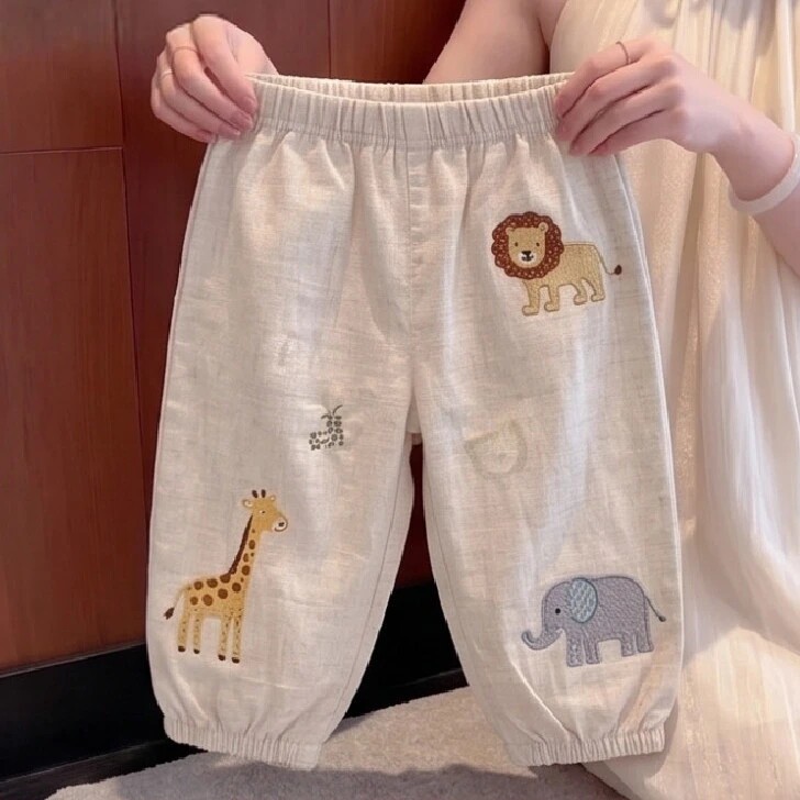 儿童棉麻裤子夏季新款男女童卡通印花轻薄休闲裤百搭束脚防蚊长裤