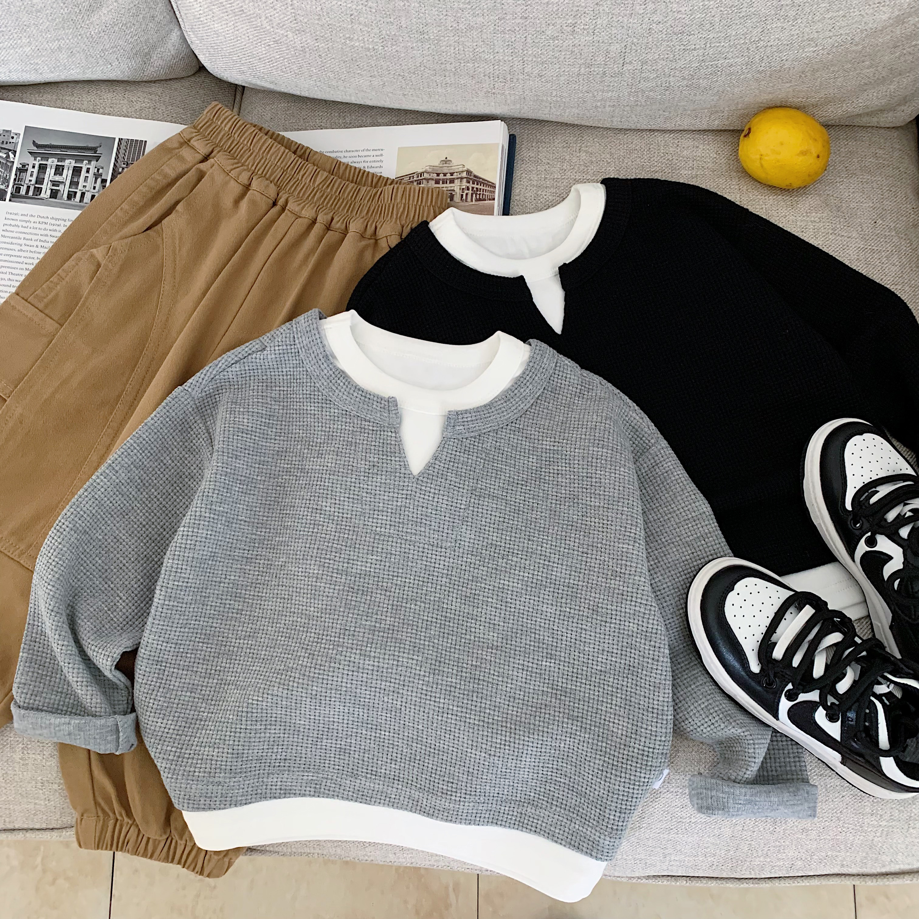 男童纯色长袖T恤春秋圆领假两件