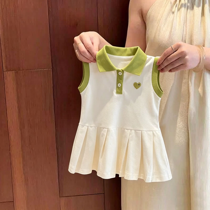 女童连衣裙夏季中小童韩版爱心刺绣翻领背心裙洋气撞色公主裙子潮