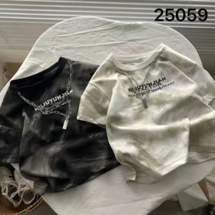 儿童痞帅扎染圆领体恤潮酷男孩百搭上衣 新款 男童纯棉短袖 t恤夏季