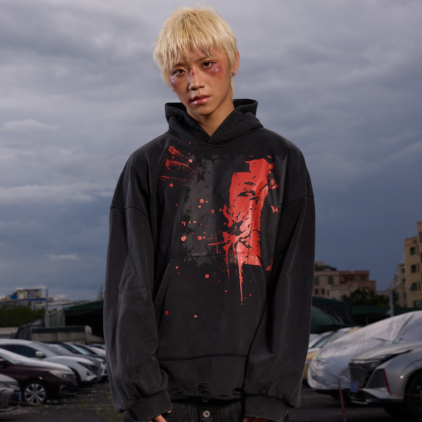 DreamBand2025AW暗黑风泼墨流苏短款卫衣潮牌美式高街铆钉青少年