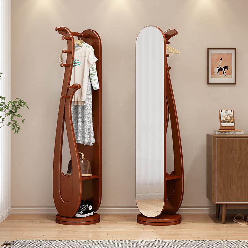 家用全身全身镜挂衣架一体实木可旋转置物简约新中式艺术衣帽架子