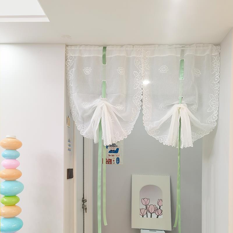 法式提拉扇形弧形窗帘免打孔安装隔断帘防尘帘小窗户飘窗珠帘成品