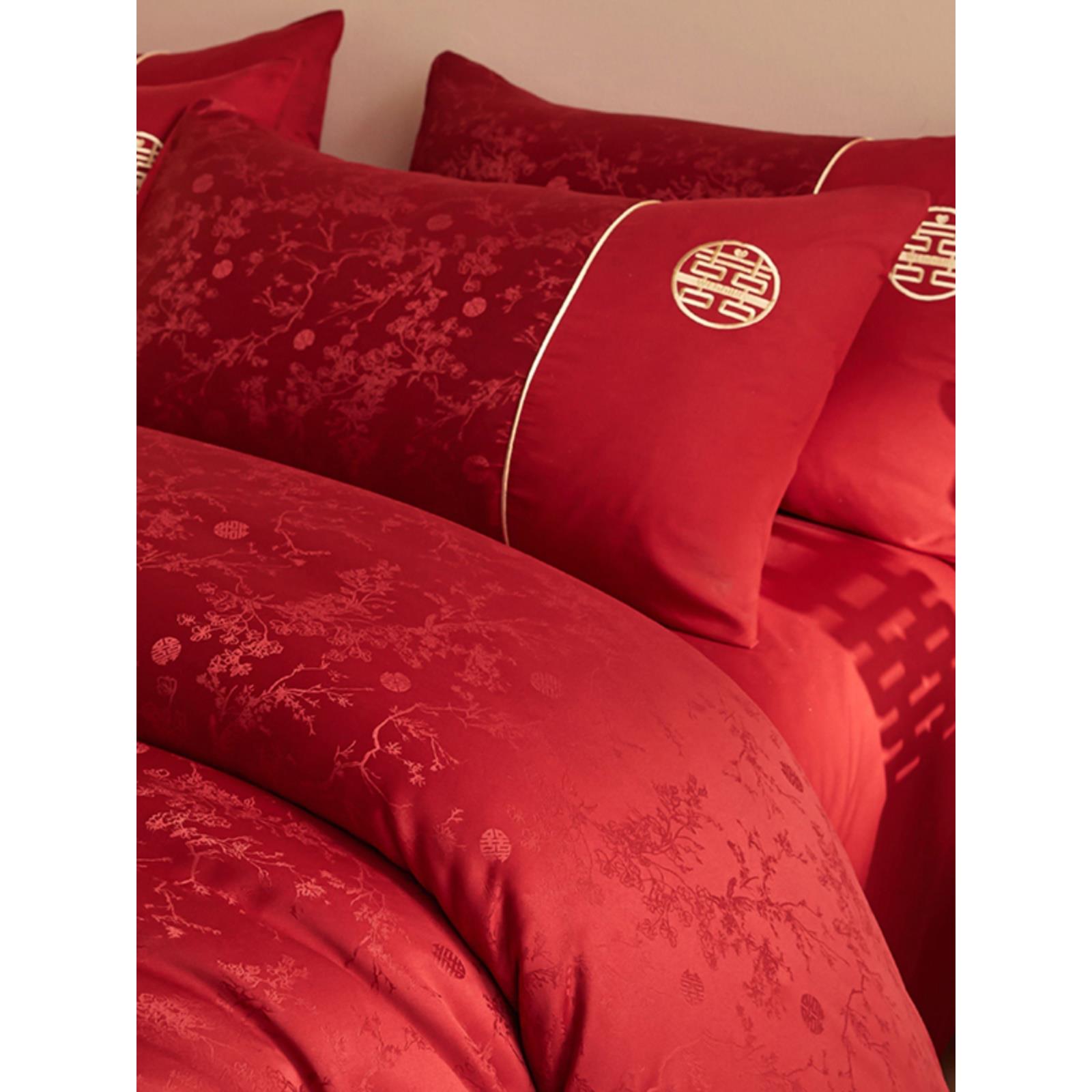 A类全棉婚庆四件套高档礼盒大红色提花被套1.8米陪嫁婚房床上用品