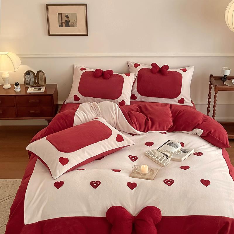 冬季高克重牛奶绒四件套珊瑚法兰绒加厚被套床单床上用品结婚红色