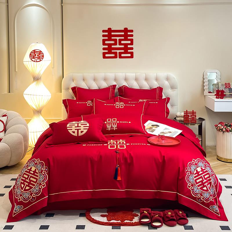 高端婚庆四件组大红色刺绣喜被中式结婚房床上用品新婚嫁六件套喜