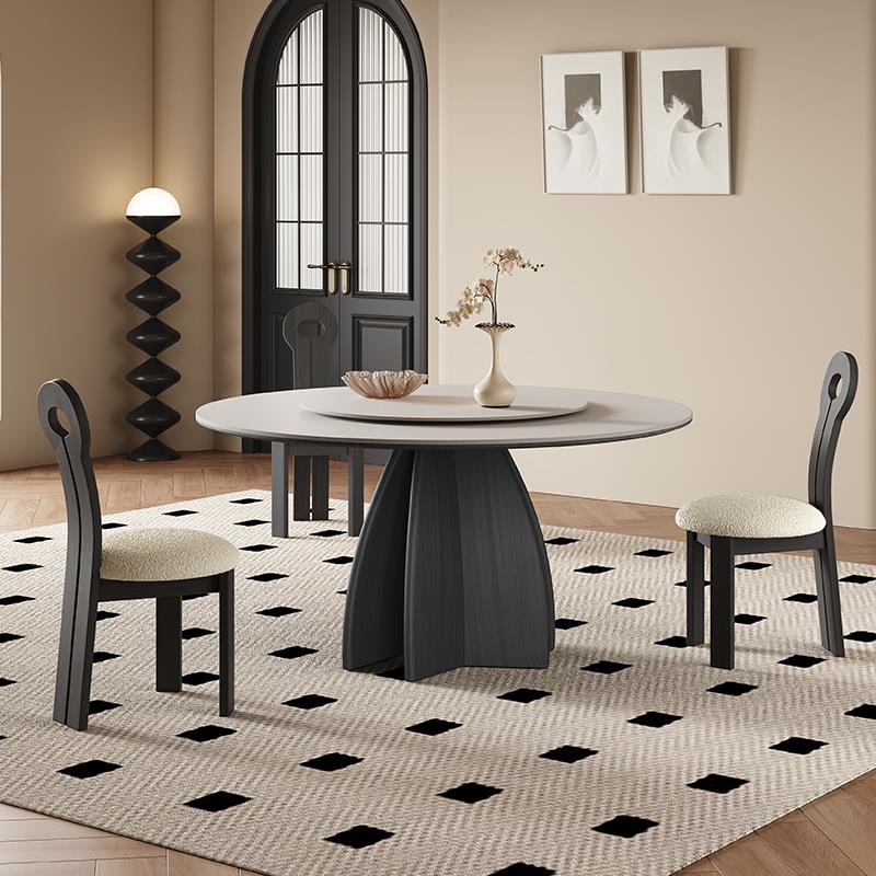 法式实木餐桌家用黑色圆形带转盘意式现代简约纯白复古岩板圆桌