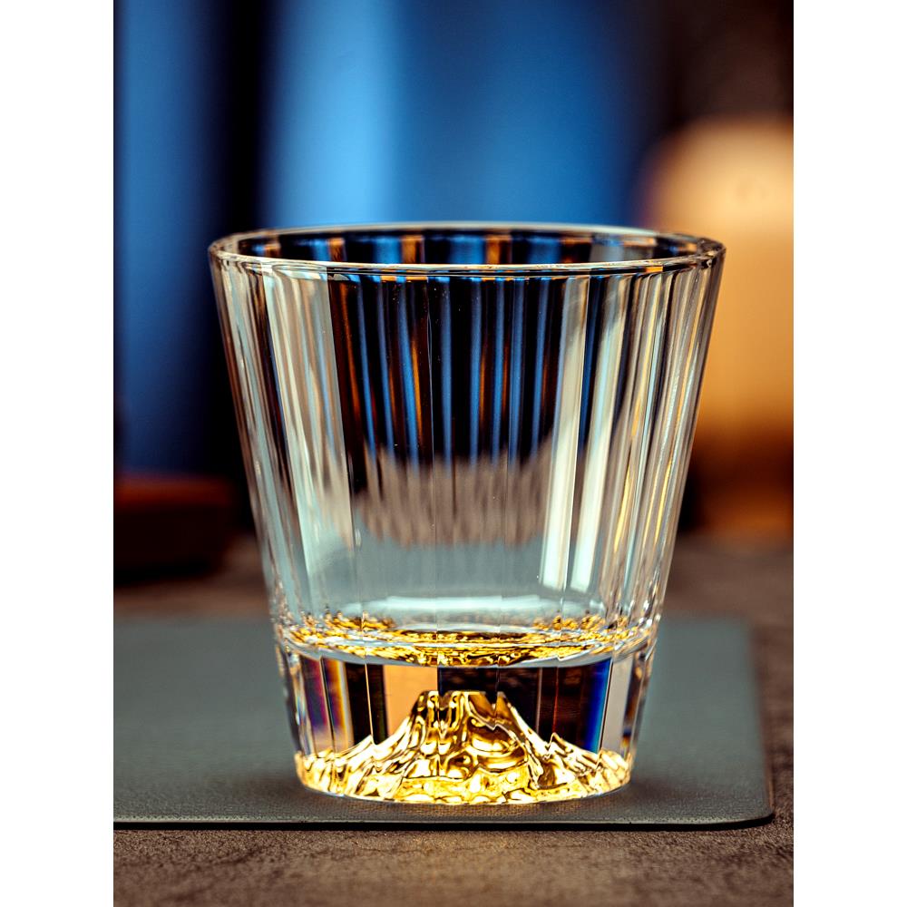 冰山金色威士忌酒杯家用水晶玻璃洋酒杯创意风竖纹啤酒杯酒吧套装