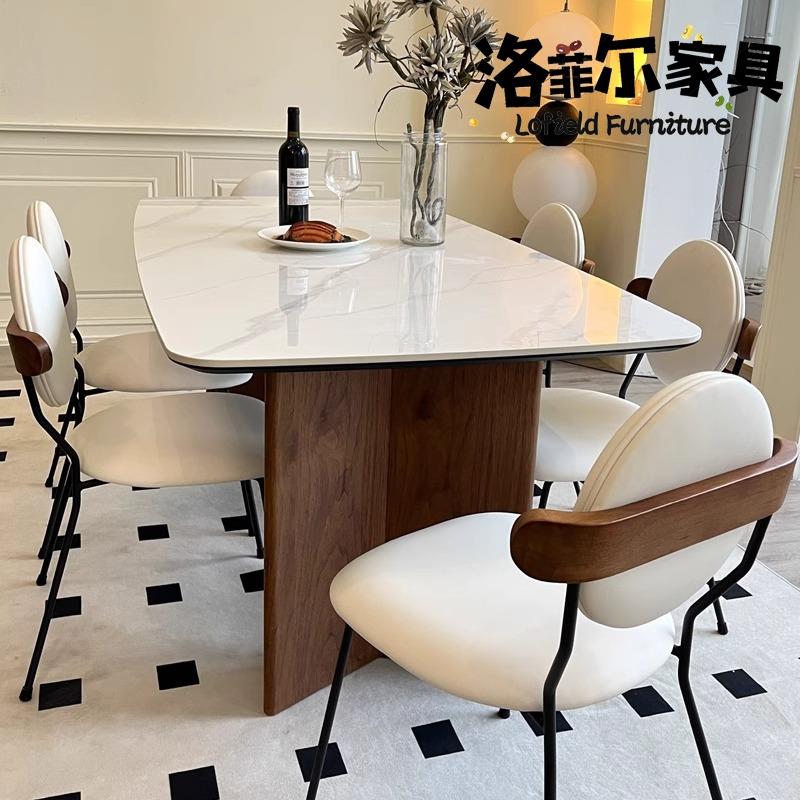北欧复古风岩板实木长方形餐桌椅组合家用大小户型餐厅网红吃饭桌