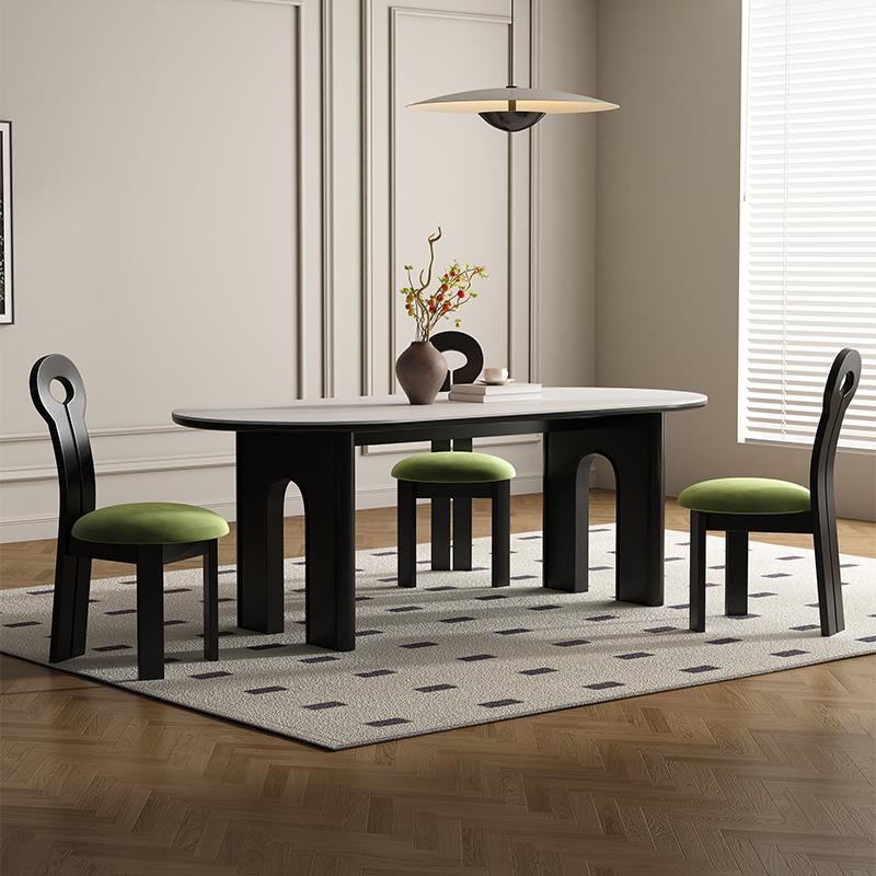 法式复古实木岩板餐桌家用现代简约小户型椭圆形白蜡木餐桌椅组合