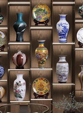 中式茶室软装茶柜酒柜装饰摆件博古架陶瓷青花瓷花瓶瓷器工艺品