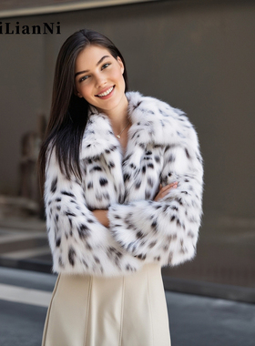 时尚翻领短款美国山猫绒高端皮草外套气质名媛保暖环保水貂豹纹女